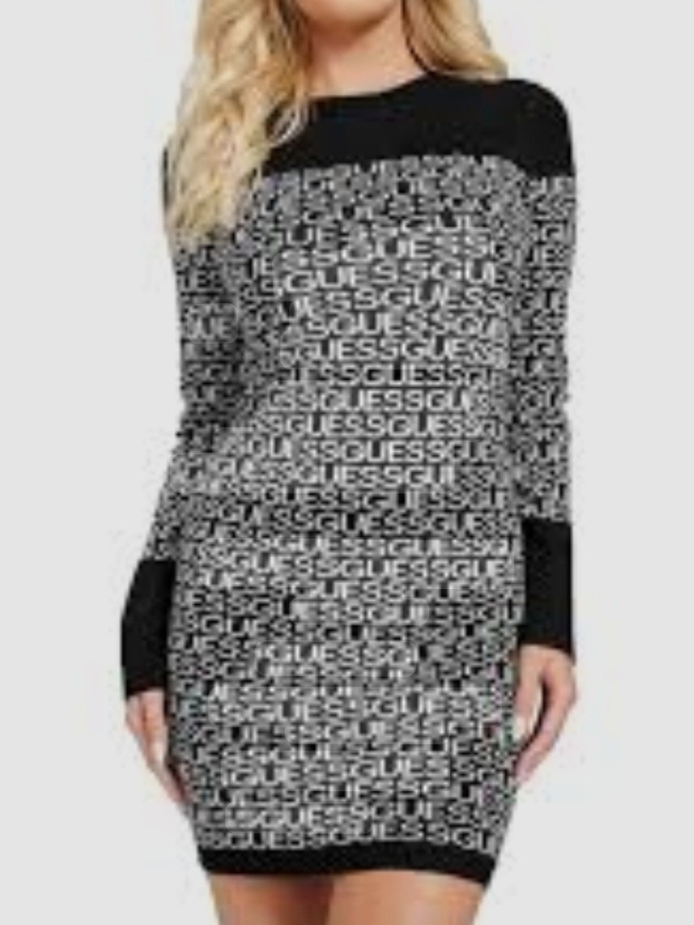 Guess Black & White Logo Knit Long Sleeve Dress